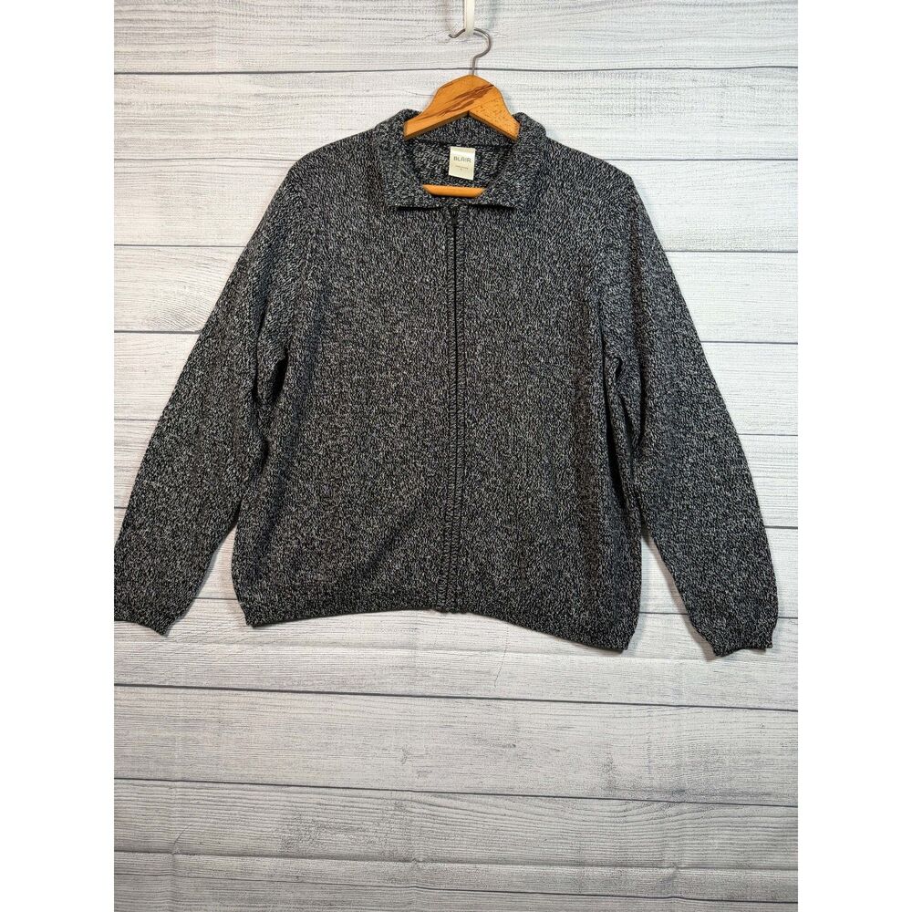 Blair Women’s Large Black White Marled Full Zip Knit Cardigan Sweater 4324